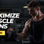 Muscular man performing dumbbell curls at the gym under the bold title 'MAXIMIZE MUSCLE GAINS' for PHYSIFURY Fitness Blog.