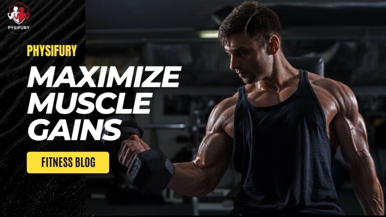 Muscular man performing dumbbell curls at the gym under the bold title 'MAXIMIZE MUSCLE GAINS' for PHYSIFURY Fitness Blog.