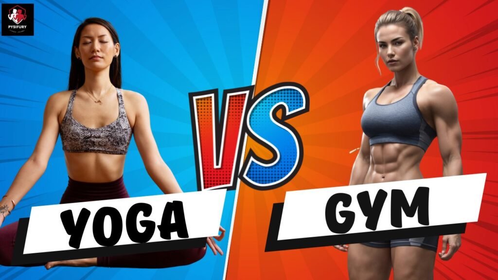 Woman practicing yoga in a calm pose versus a woman ready for weight training at the gym