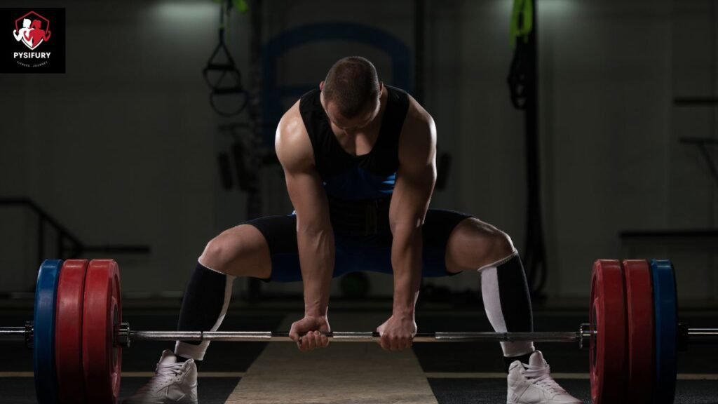 A concentrated male athlete preparing to lift a heavy barbell in a gym setting, representing the strength and determination associated with PHYSIFURY's fitness ethos.